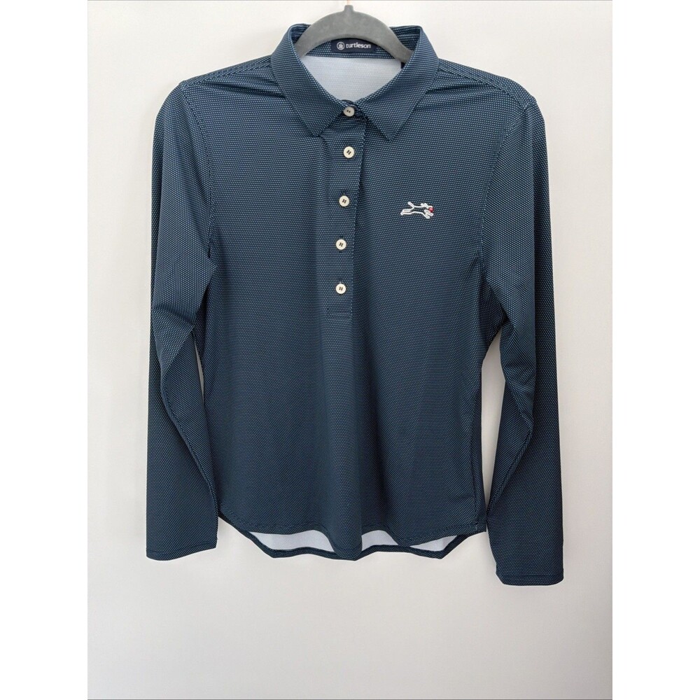 TurtleSon Long Sleeve Golf Polo Navy Blue Micro Dot Womens Sz M Embroidered Dog